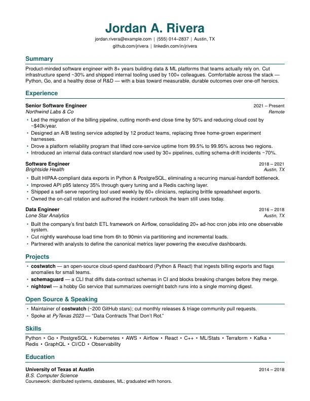 First page of a synthetic senior software engineer résumé in the accent style