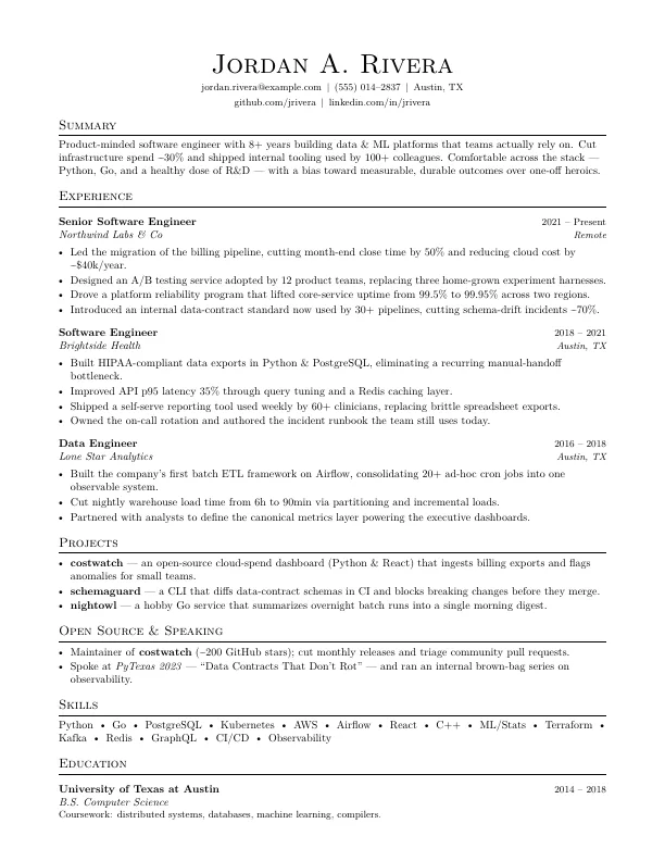 First page of a synthetic senior software engineer résumé in the classic style