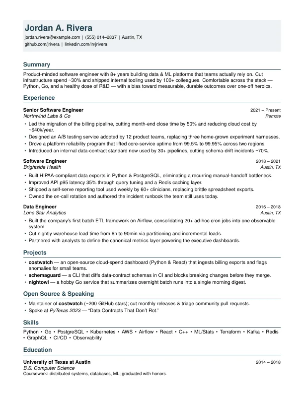 First page of a synthetic senior software engineer résumé in the modern style